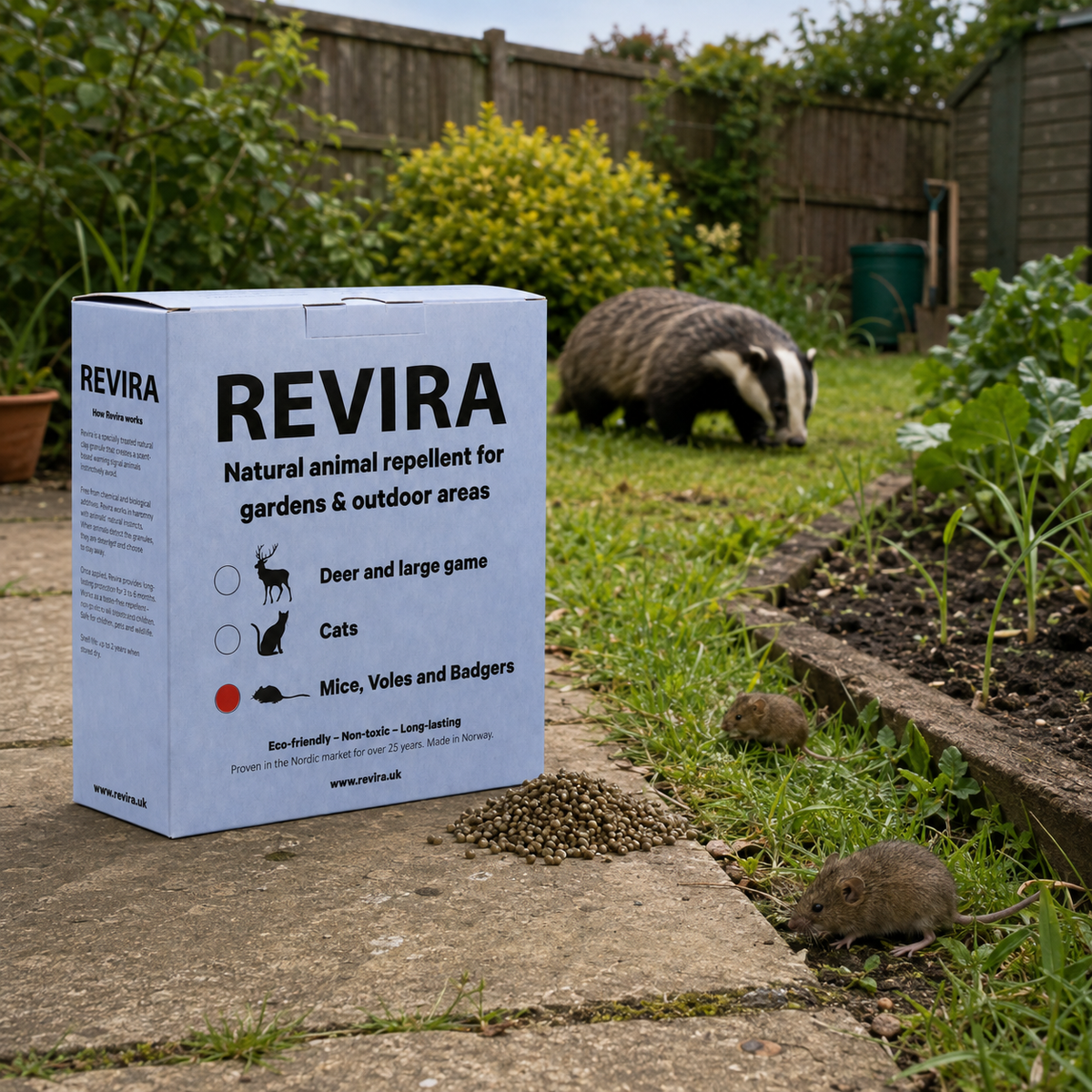 [ENG] A REVIRA natural animal repellent for badgers and mice where box sits on a garden path with live mice in the foreground and a badger in the background in a real backyard setting.