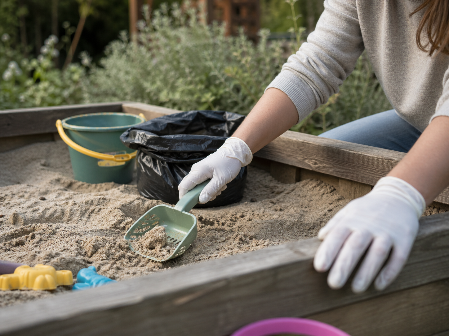[ENG] Person wearing gloves and a sandcastle mold in a sandbox with toys around.